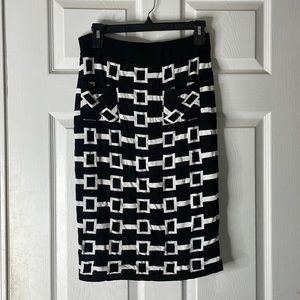 New Cyrus black white square printed career midi tight skirt front pockets sz M
